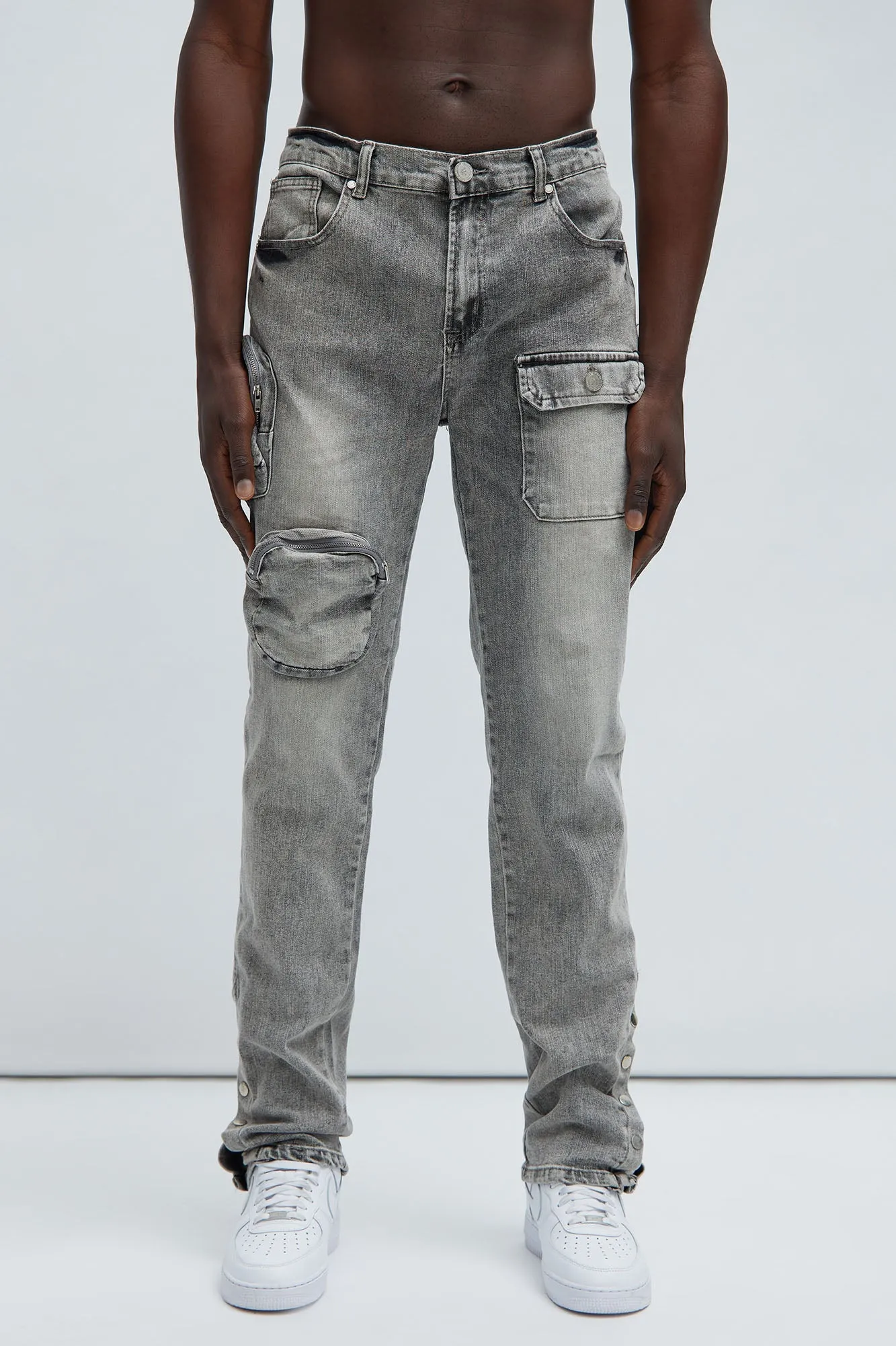 3D Pocket Slim Convertible Snap Flare Jeans - Grey