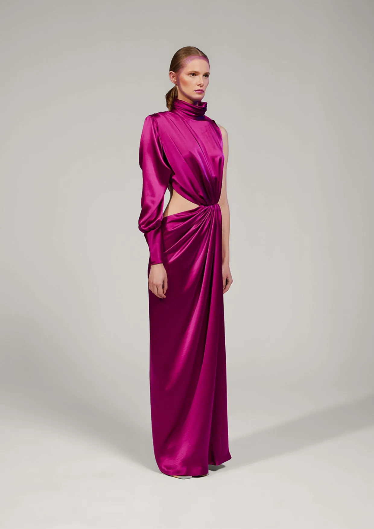 Amaryllis Asymmetric Cut-Out Silk Maxi Dress