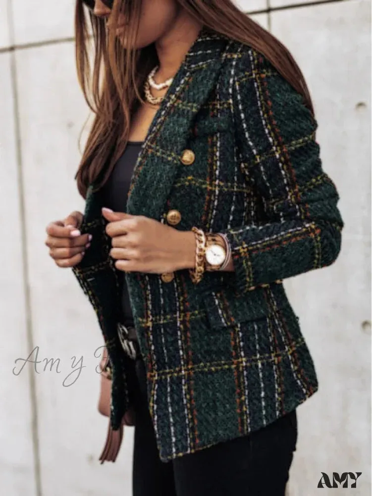 Amy Fashion - Lady Elegant Double-breasted Check Slim Long-sleeved Blazer