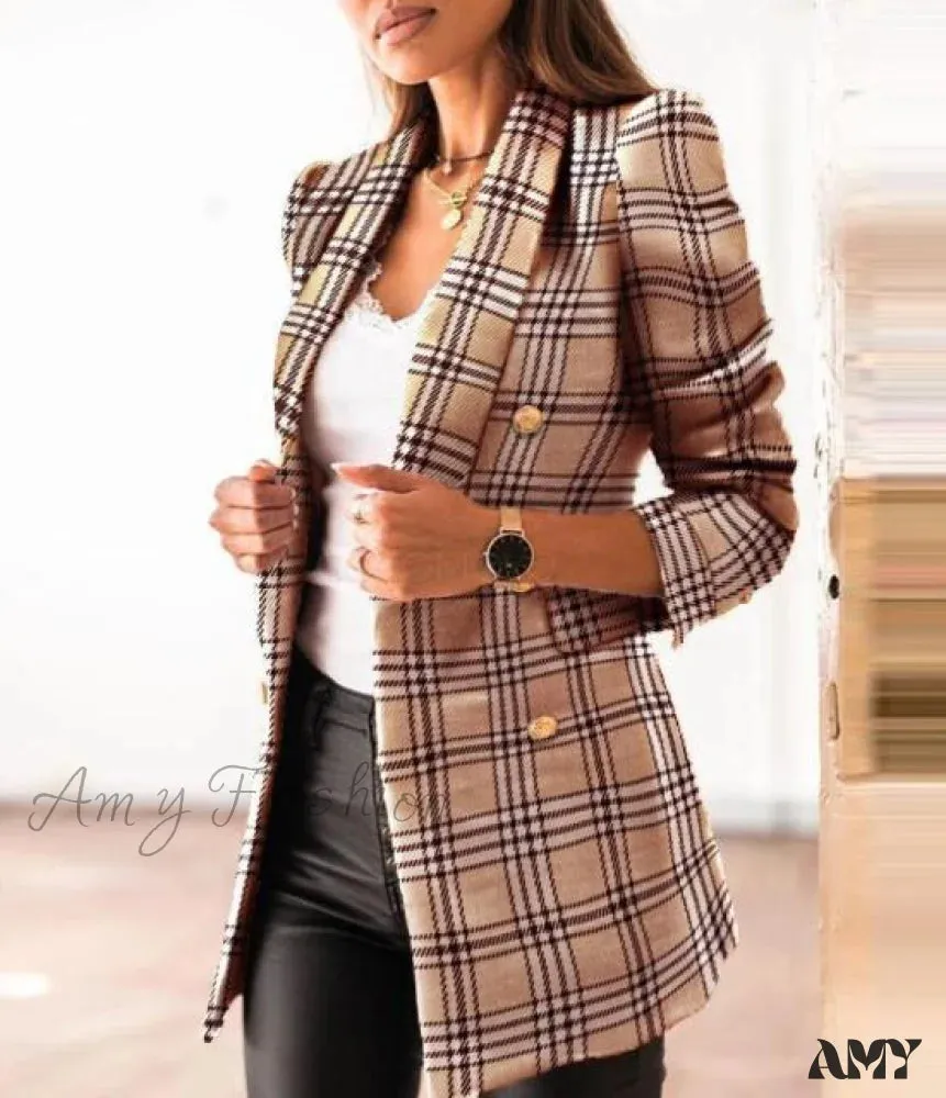 Amy Fashion - Lady Elegant Double-breasted Check Slim Long-sleeved Blazer