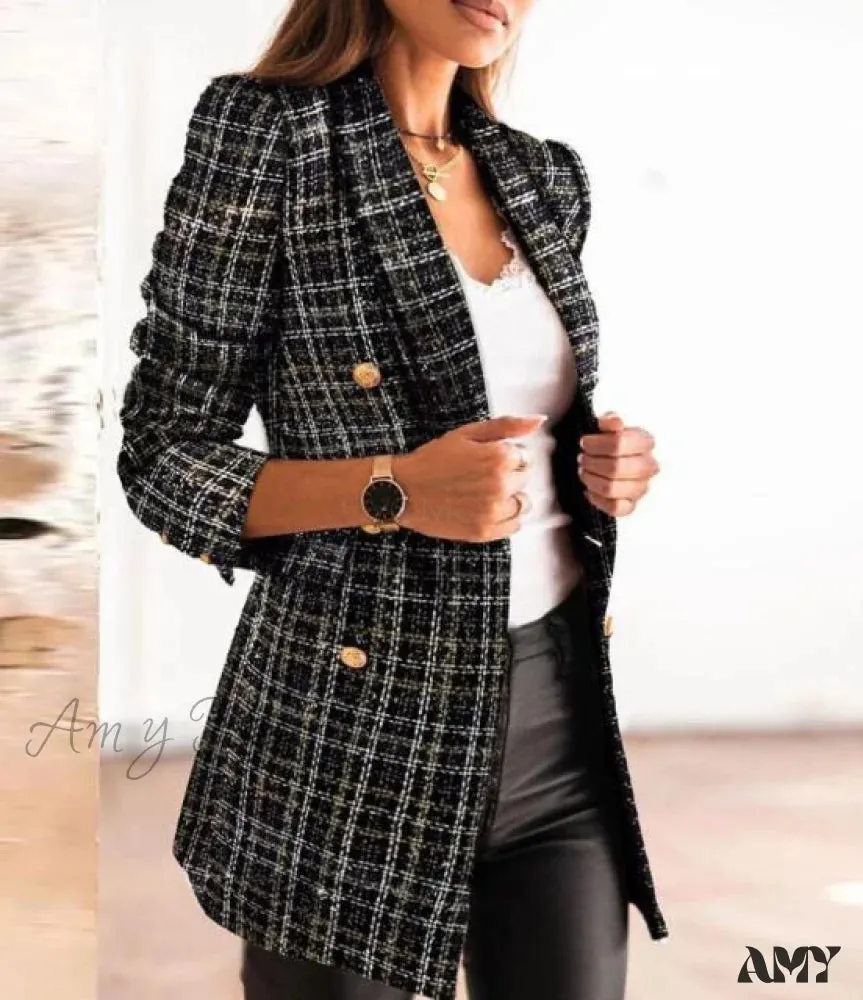 Amy Fashion - Lady Elegant Double-breasted Check Slim Long-sleeved Blazer