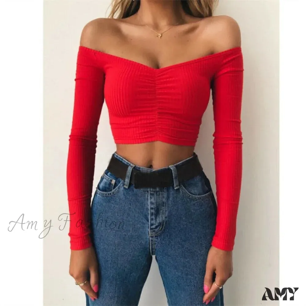 Amy Fashion - Sexy Off Shoulder Solid Color Umbilical Tops