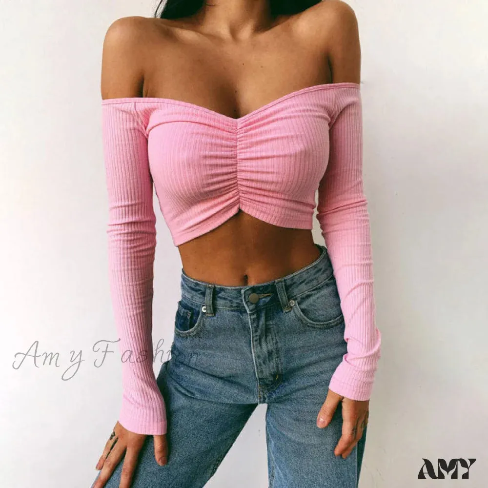 Amy Fashion - Sexy Off Shoulder Solid Color Umbilical Tops