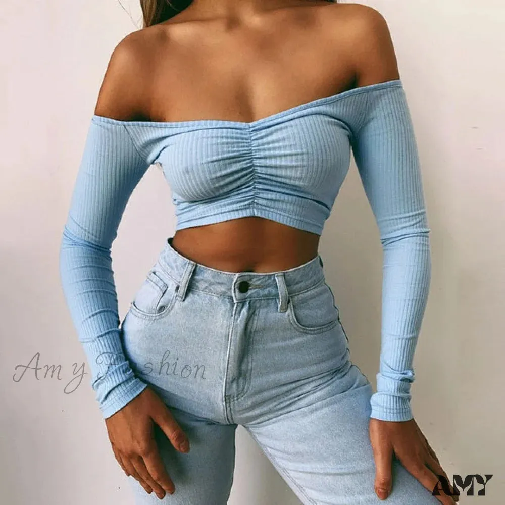 Amy Fashion - Sexy Off Shoulder Solid Color Umbilical Tops