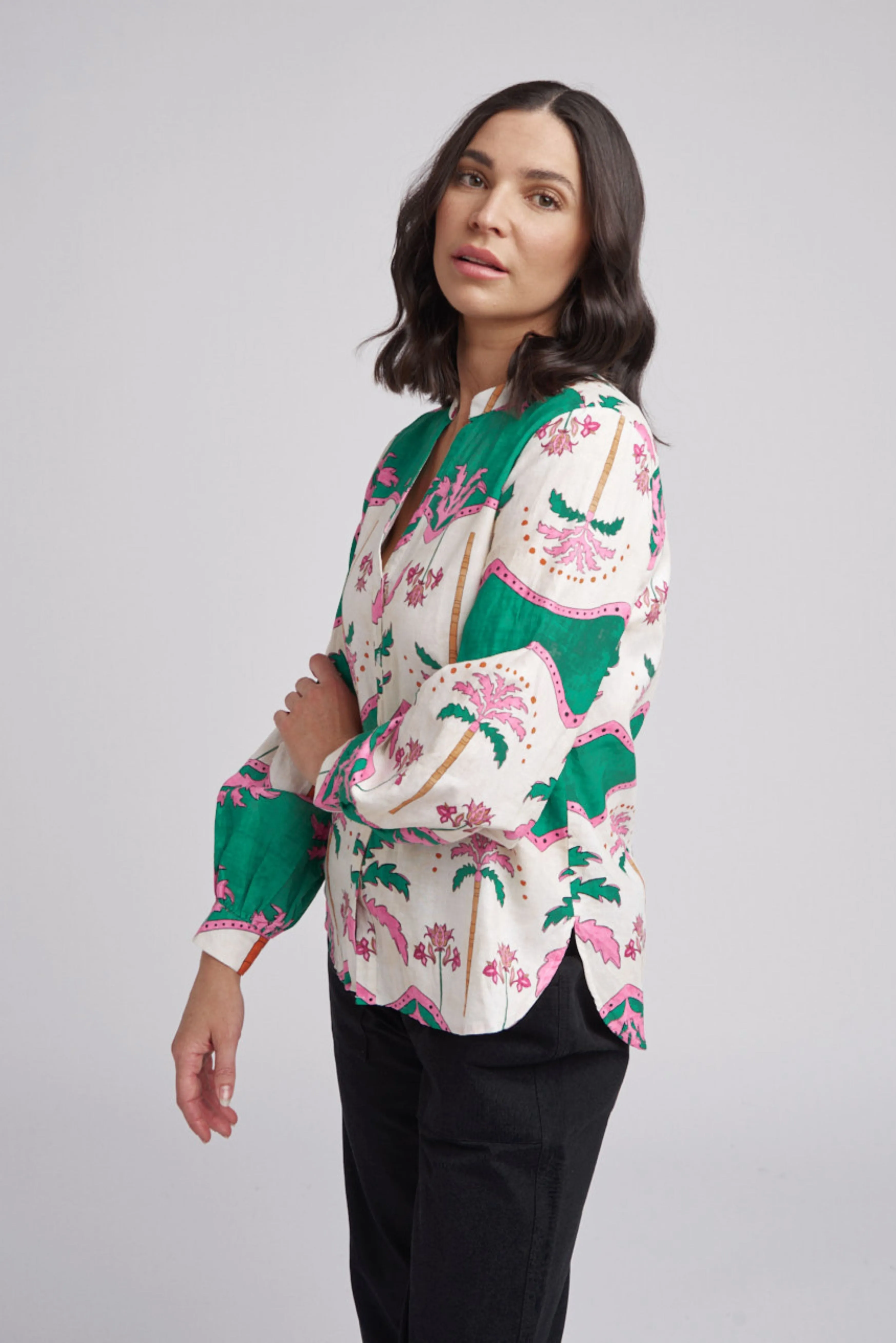 Bell Cuffed Sleeve Palm Tree Print Shirt