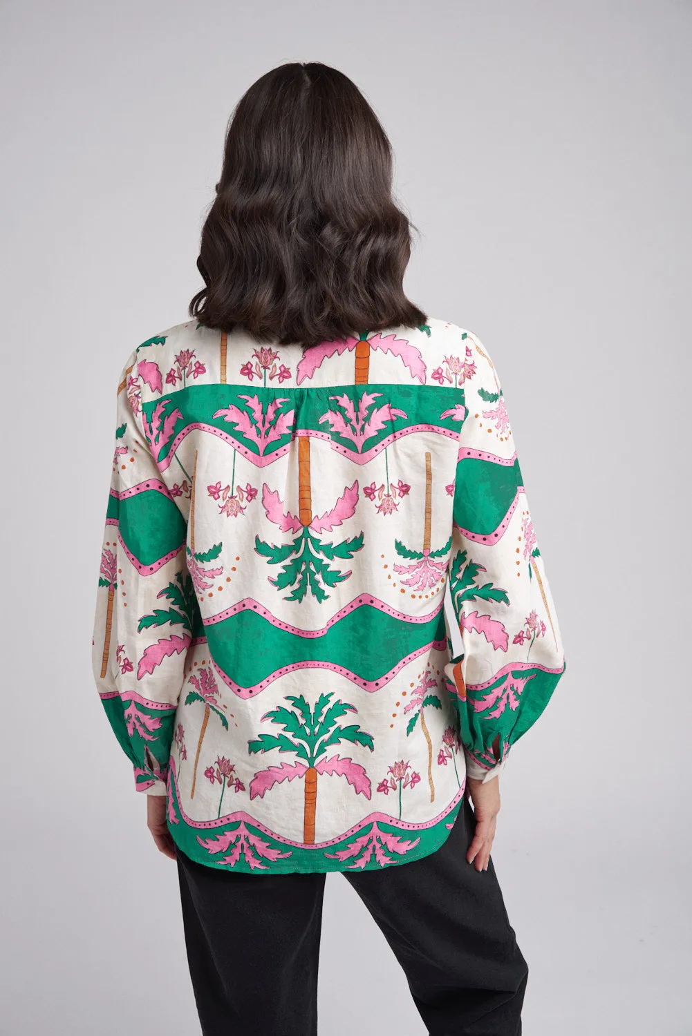 Bell Cuffed Sleeve Palm Tree Print Shirt