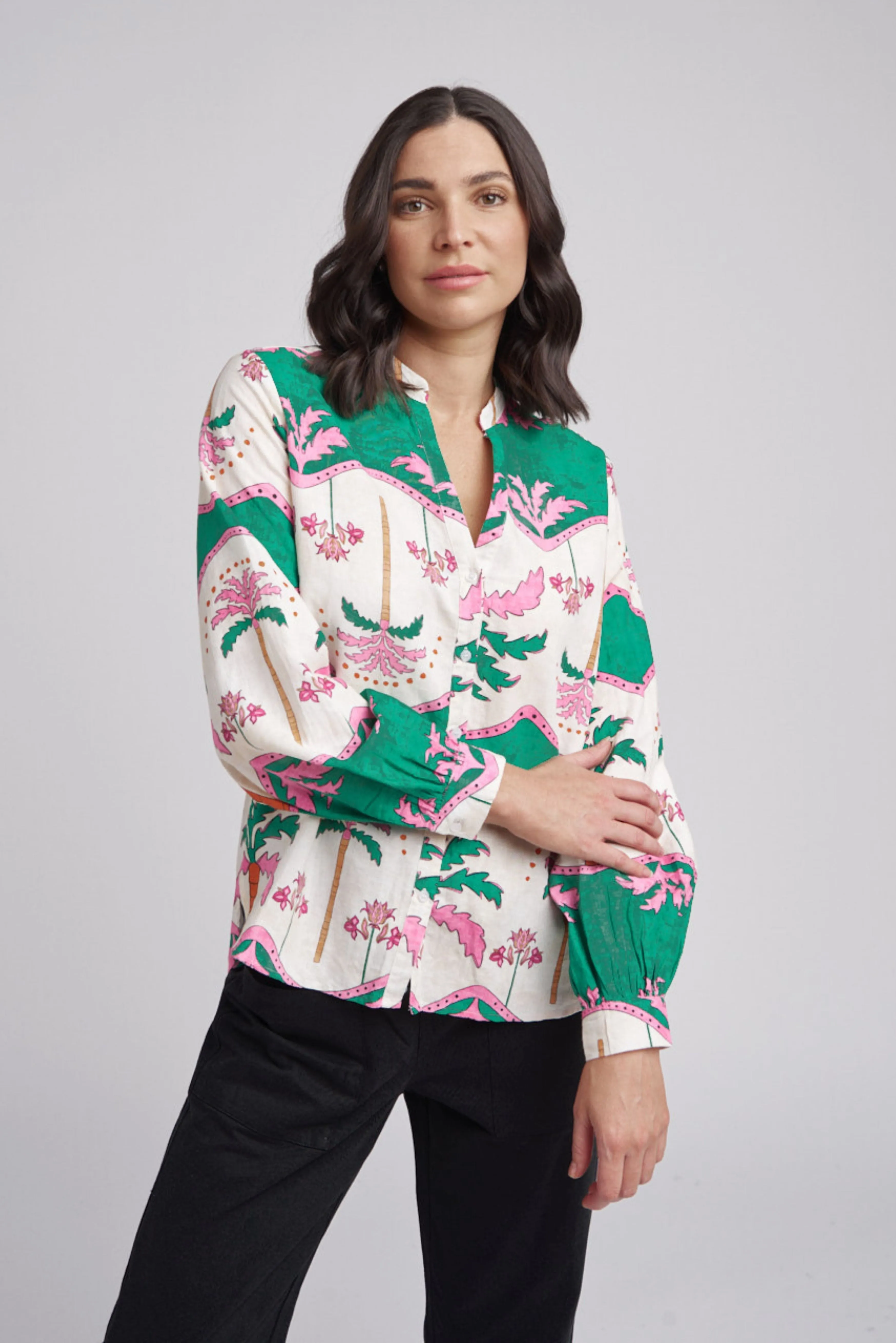 Bell Cuffed Sleeve Palm Tree Print Shirt