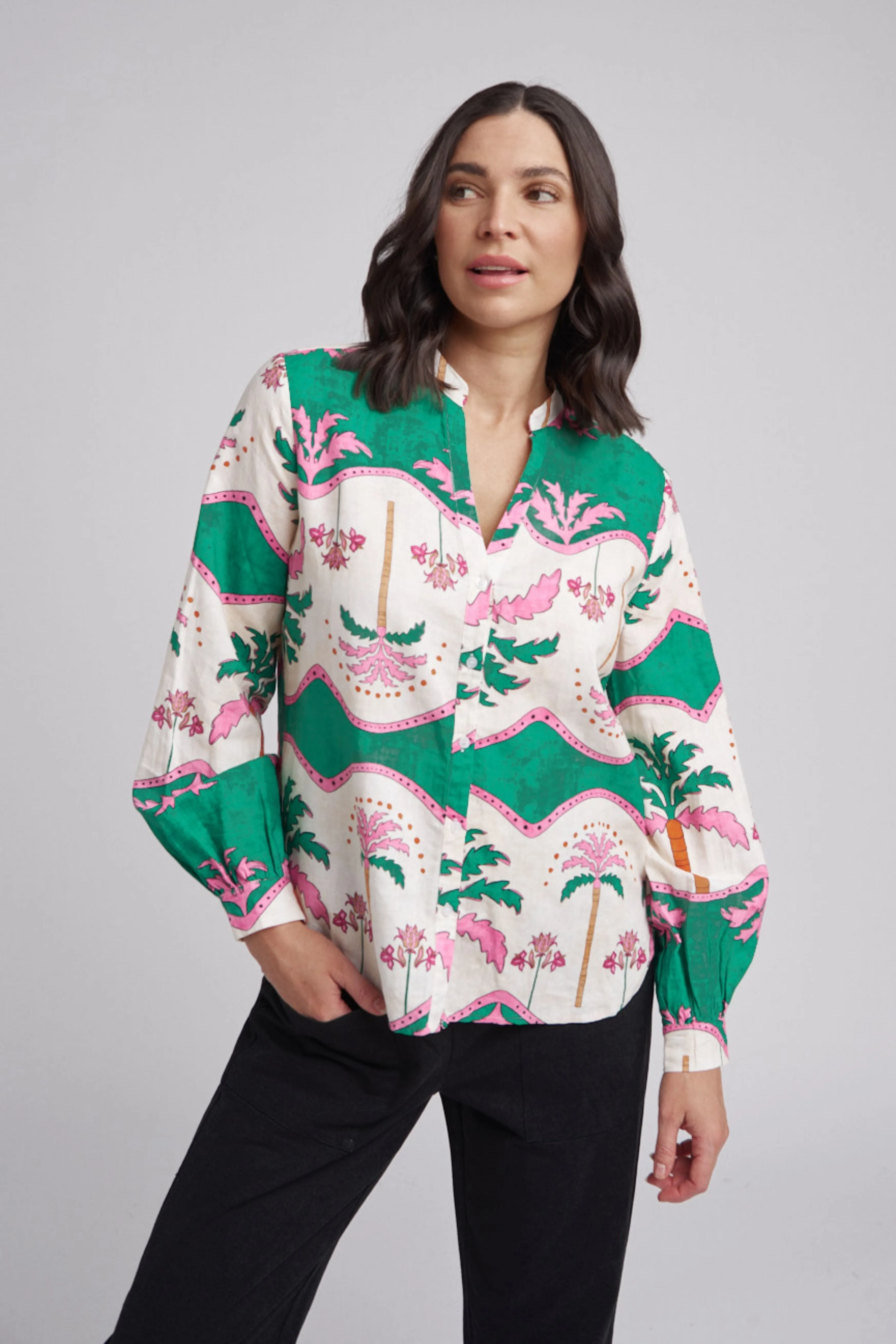 Bell Cuffed Sleeve Palm Tree Print Shirt