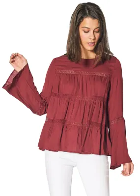 Bell Sleeve Tiered Blouse in Red Cordovan