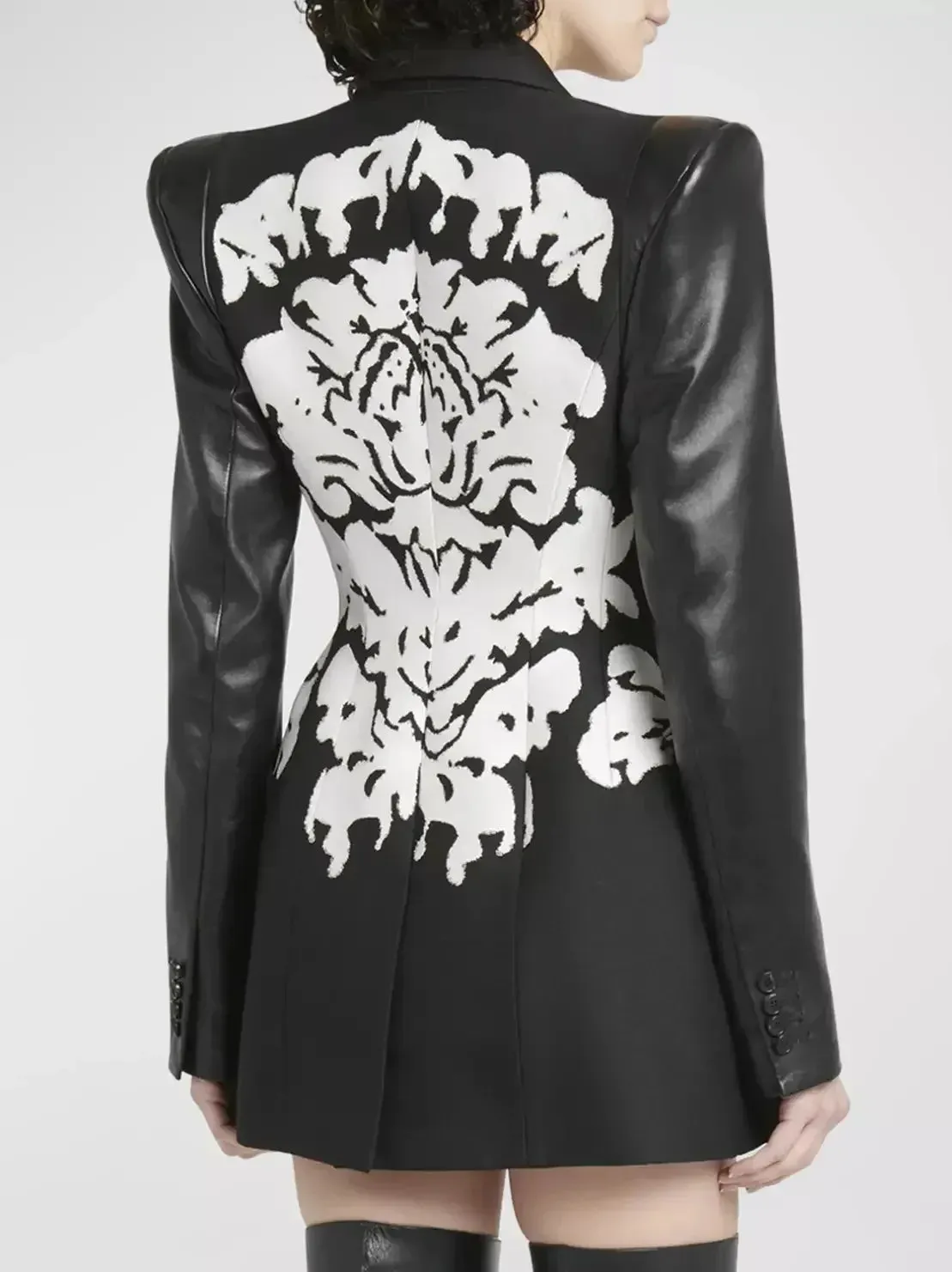 Bicolor Damask Pattern Faux-Leather and Jacquard Blazer