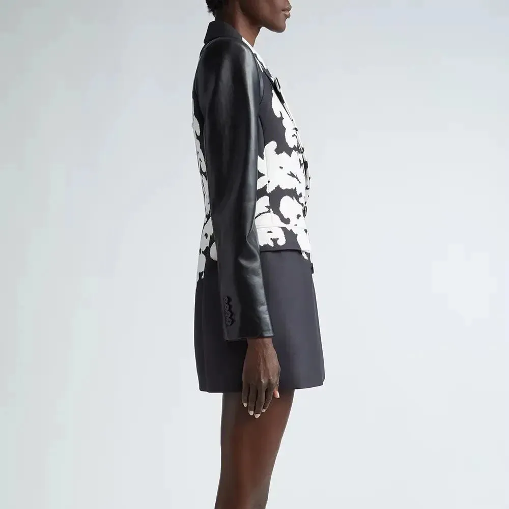 Bicolor Damask Pattern Faux-Leather and Jacquard Blazer