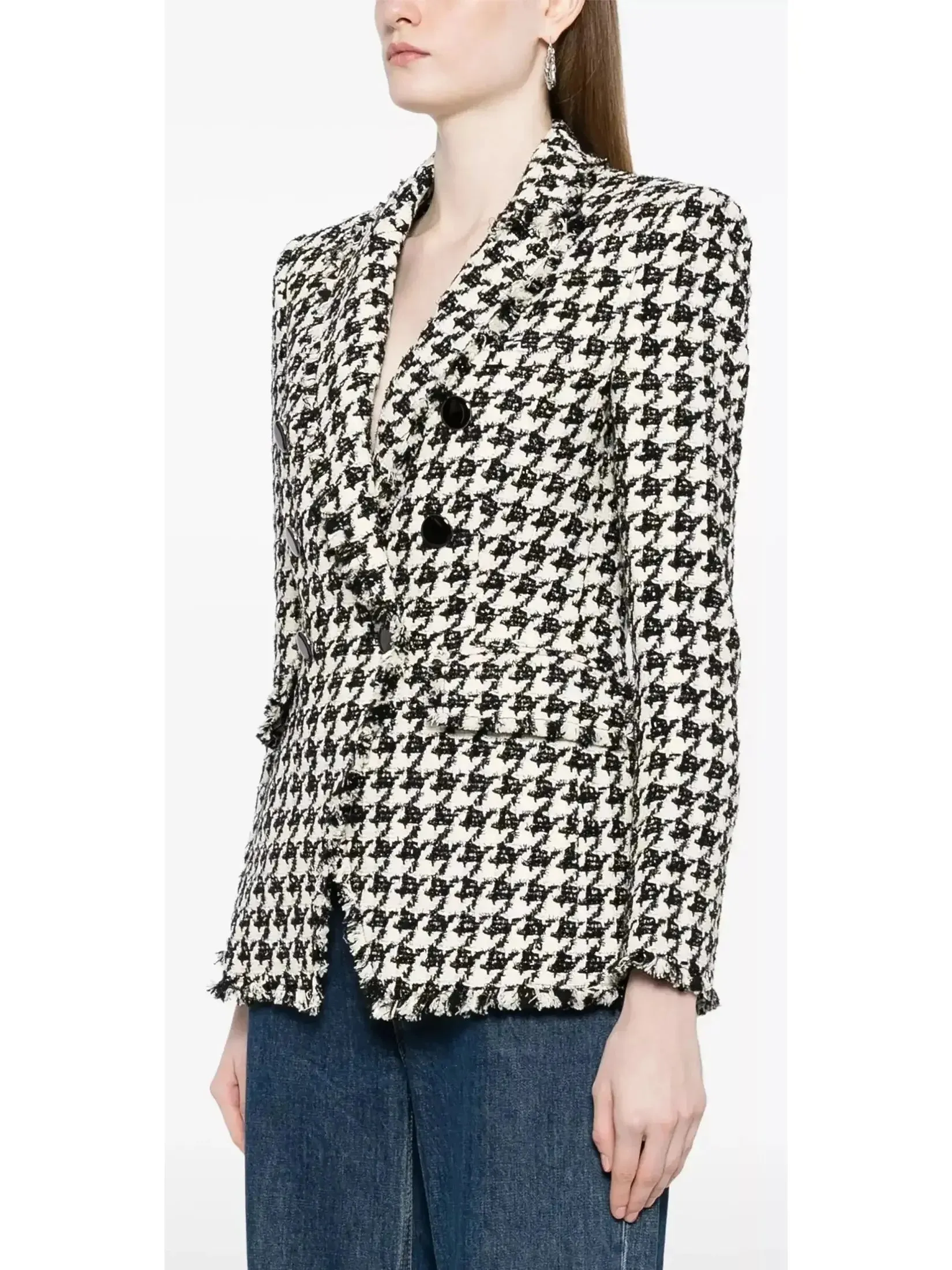 Black and White Wool-Blend Double-Breasted Houndstooth Blazer