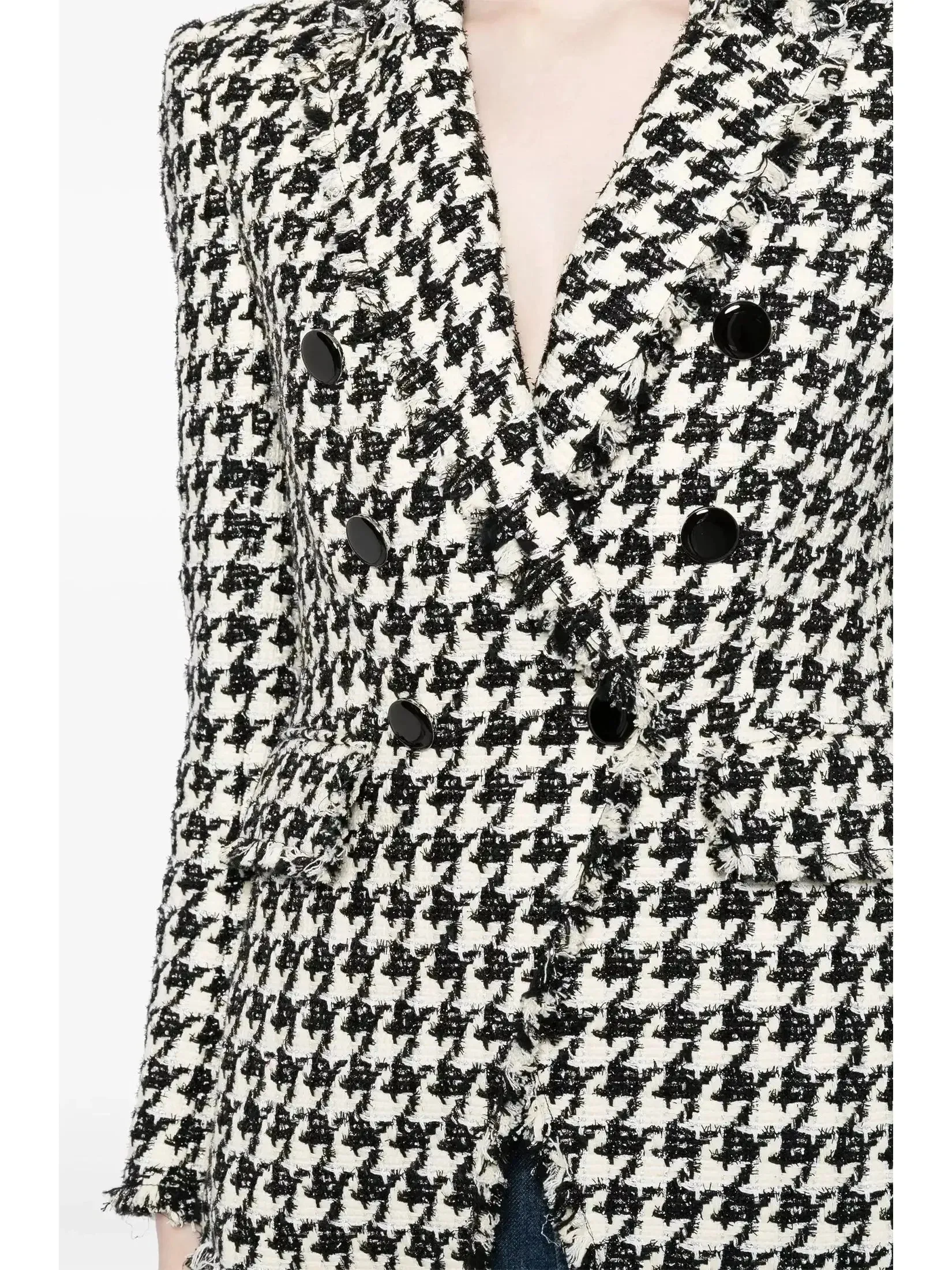 Black and White Wool-Blend Double-Breasted Houndstooth Blazer