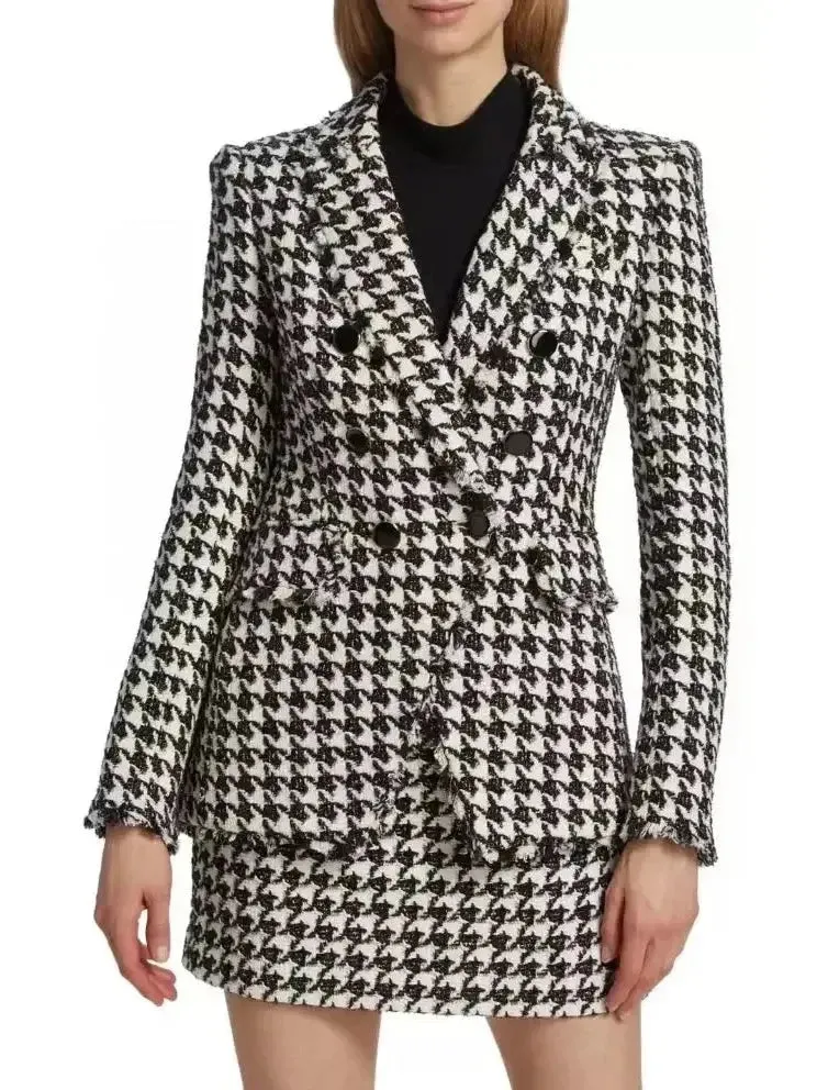 Black and White Wool-Blend Double-Breasted Houndstooth Blazer