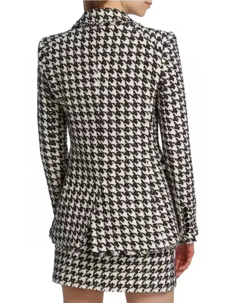 Black and White Wool-Blend Double-Breasted Houndstooth Blazer