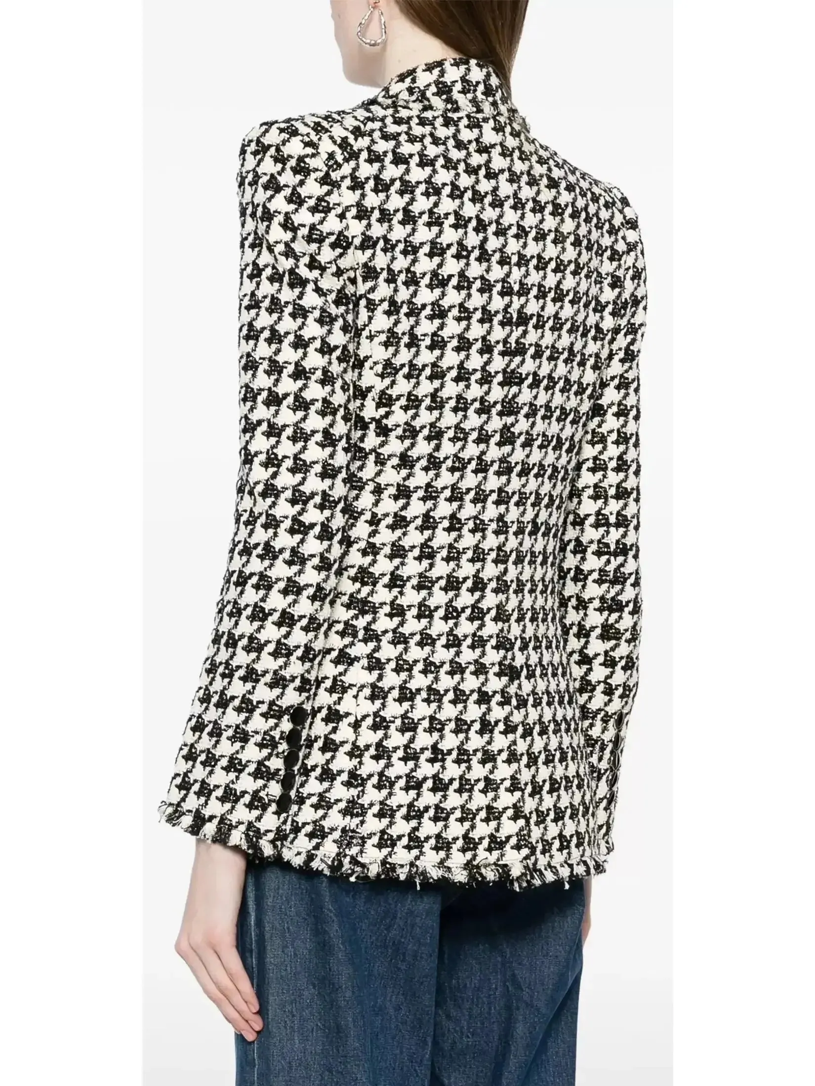 Black and White Wool-Blend Double-Breasted Houndstooth Blazer