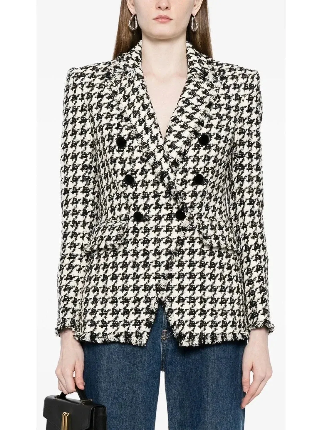 Black and White Wool-Blend Double-Breasted Houndstooth Blazer