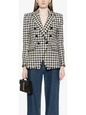 Black and White Wool-Blend Double-Breasted Houndstooth Blazer