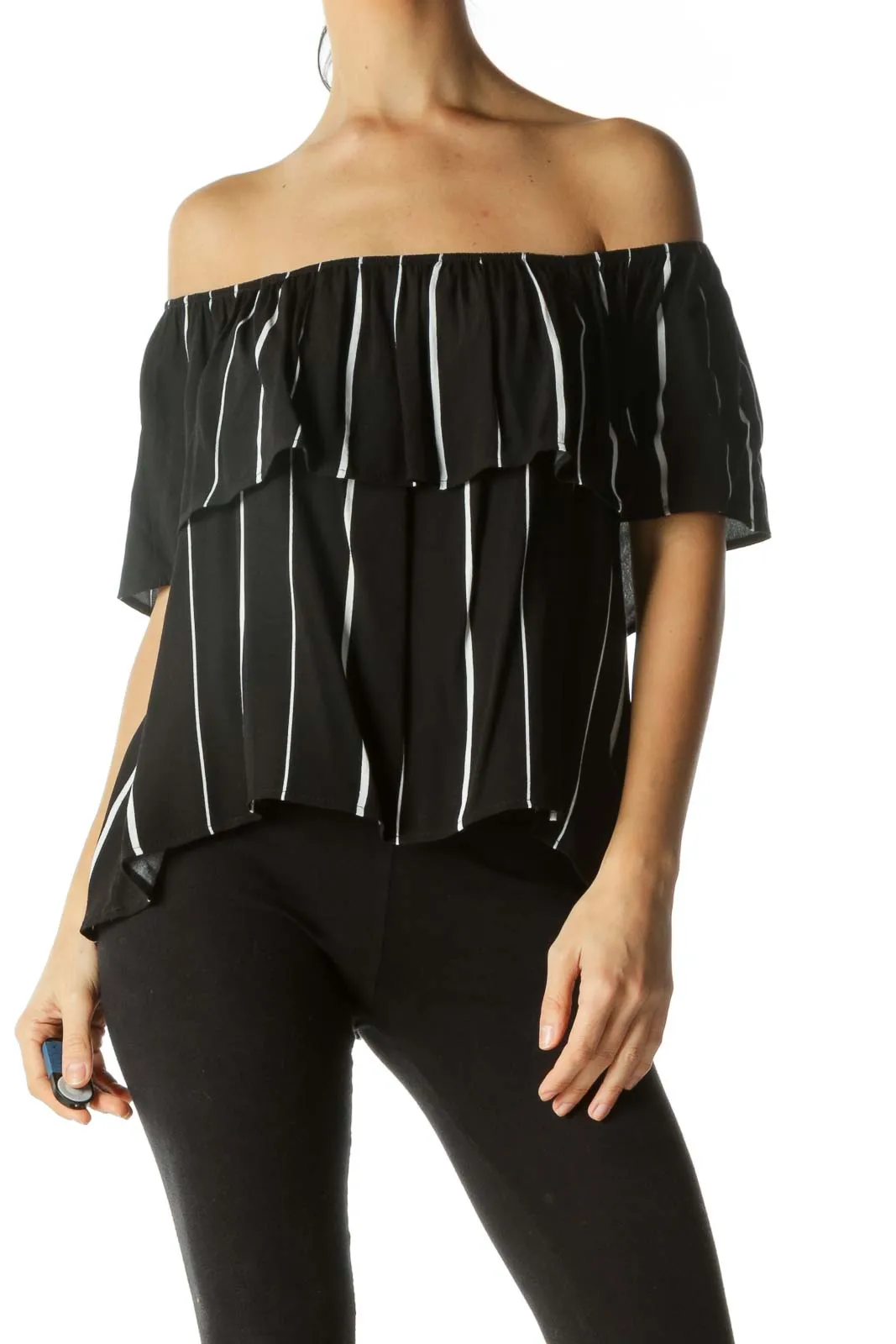 Black White Striped Off-Shoulder Flared Top