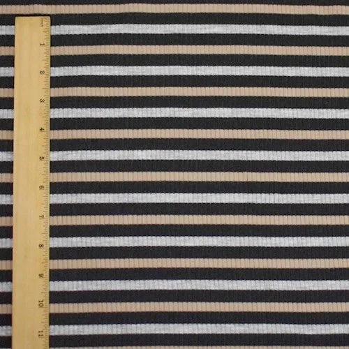 Black/Beige/Gray Large Striped 4x2 Rib Knit Fabric