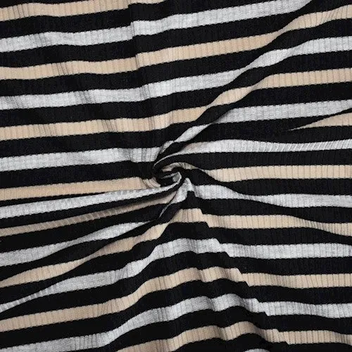 Black/Beige/Gray Large Striped 4x2 Rib Knit Fabric