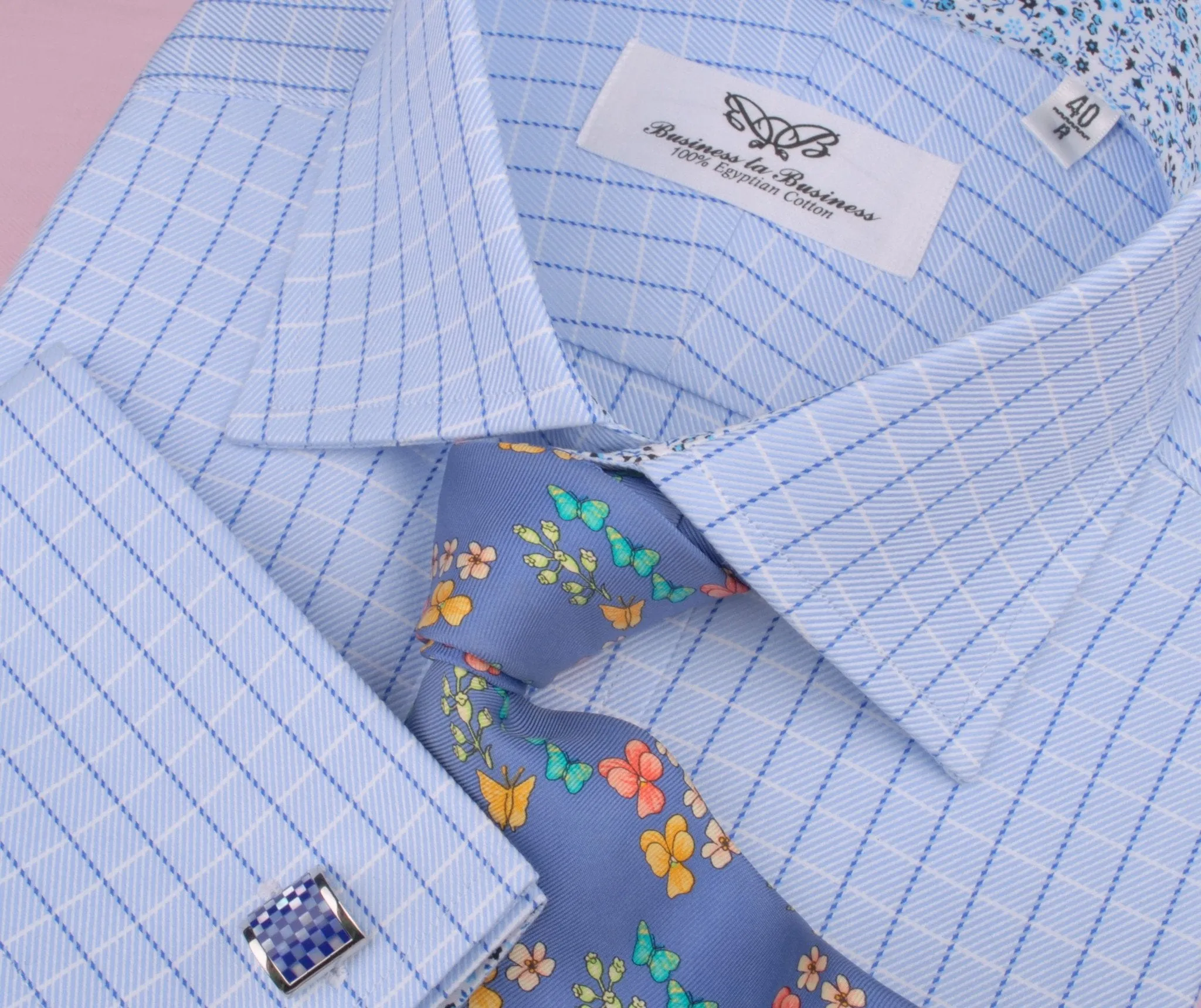 Blue Luxury Twill Striped Checkered Formal Business Dress Shirt Floral Inner-Lining