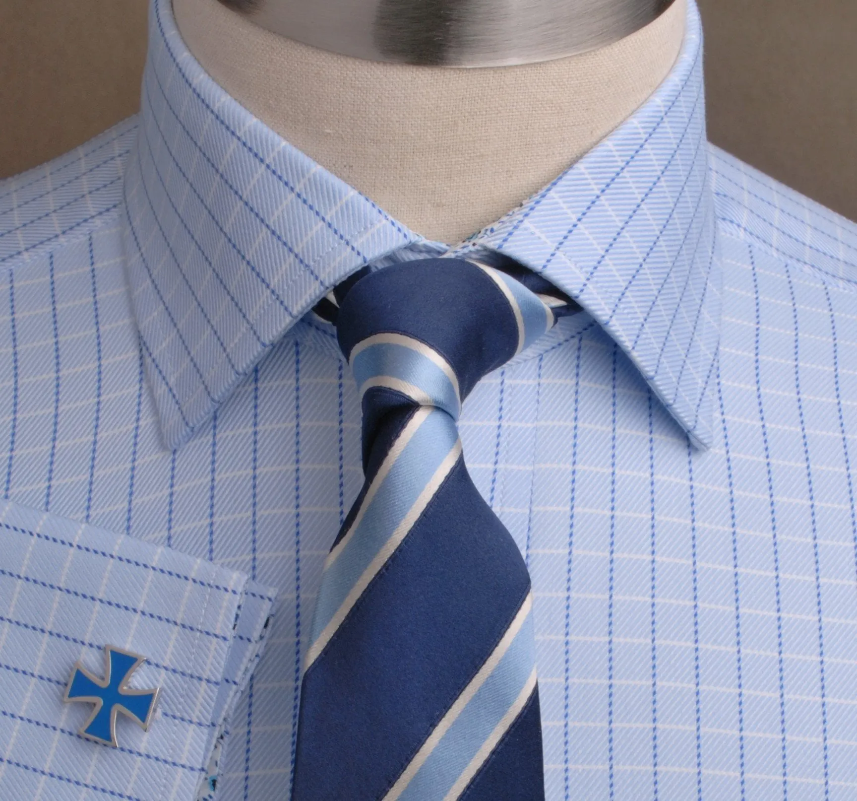 Blue Luxury Twill Striped Checkered Formal Business Dress Shirt Floral Inner-Lining