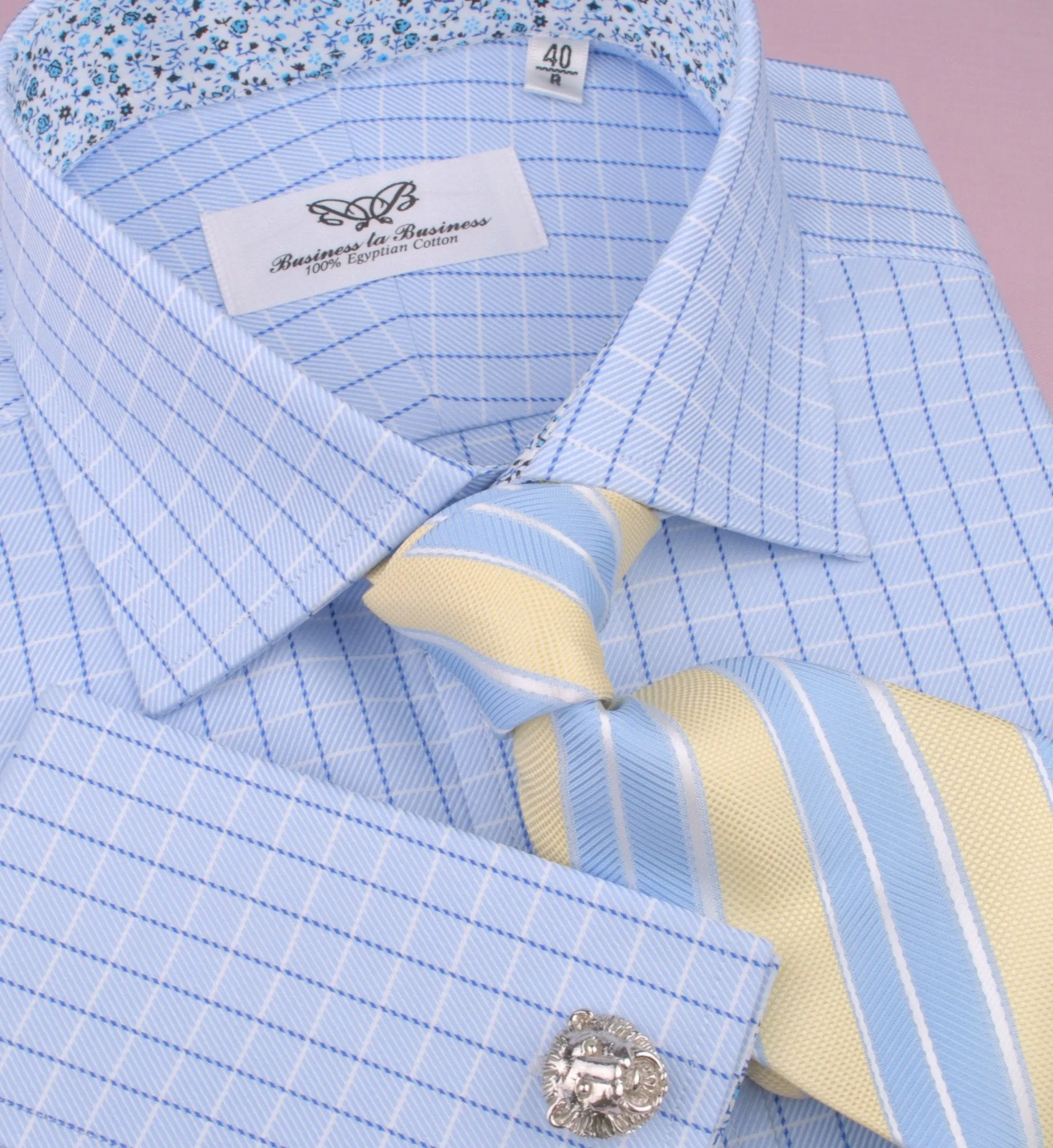 Blue Luxury Twill Striped Checkered Formal Business Dress Shirt Floral Inner-Lining