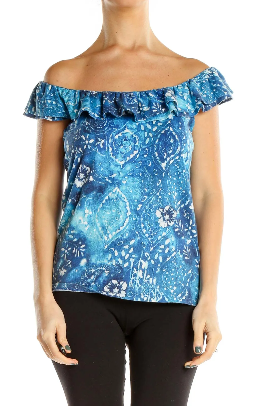 Blue Off The Shoulder Printed Bohemian Top