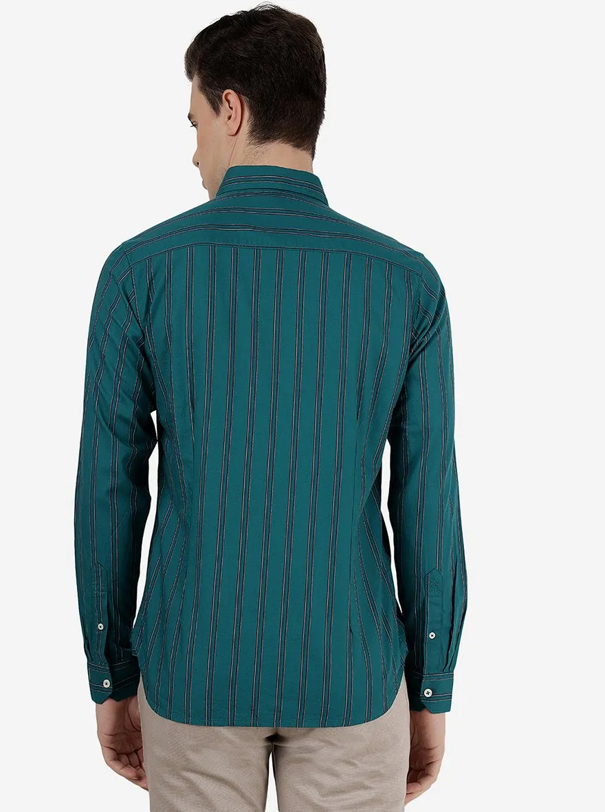 Bottle Green Striped Slim Fit Casual Shirt | JadeBlue