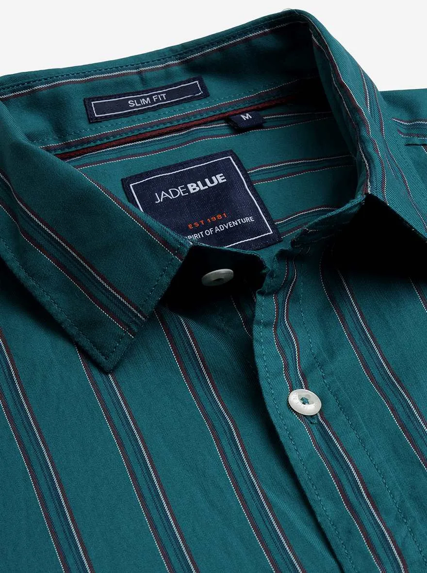 Bottle Green Striped Slim Fit Casual Shirt | JadeBlue