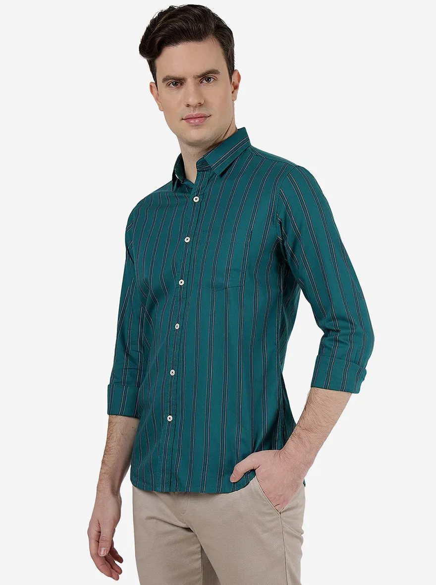 Bottle Green Striped Slim Fit Casual Shirt | JadeBlue