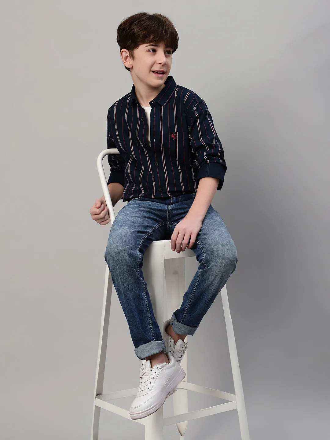 Boy's Navy Blue Striped Full Sleeve Shirt