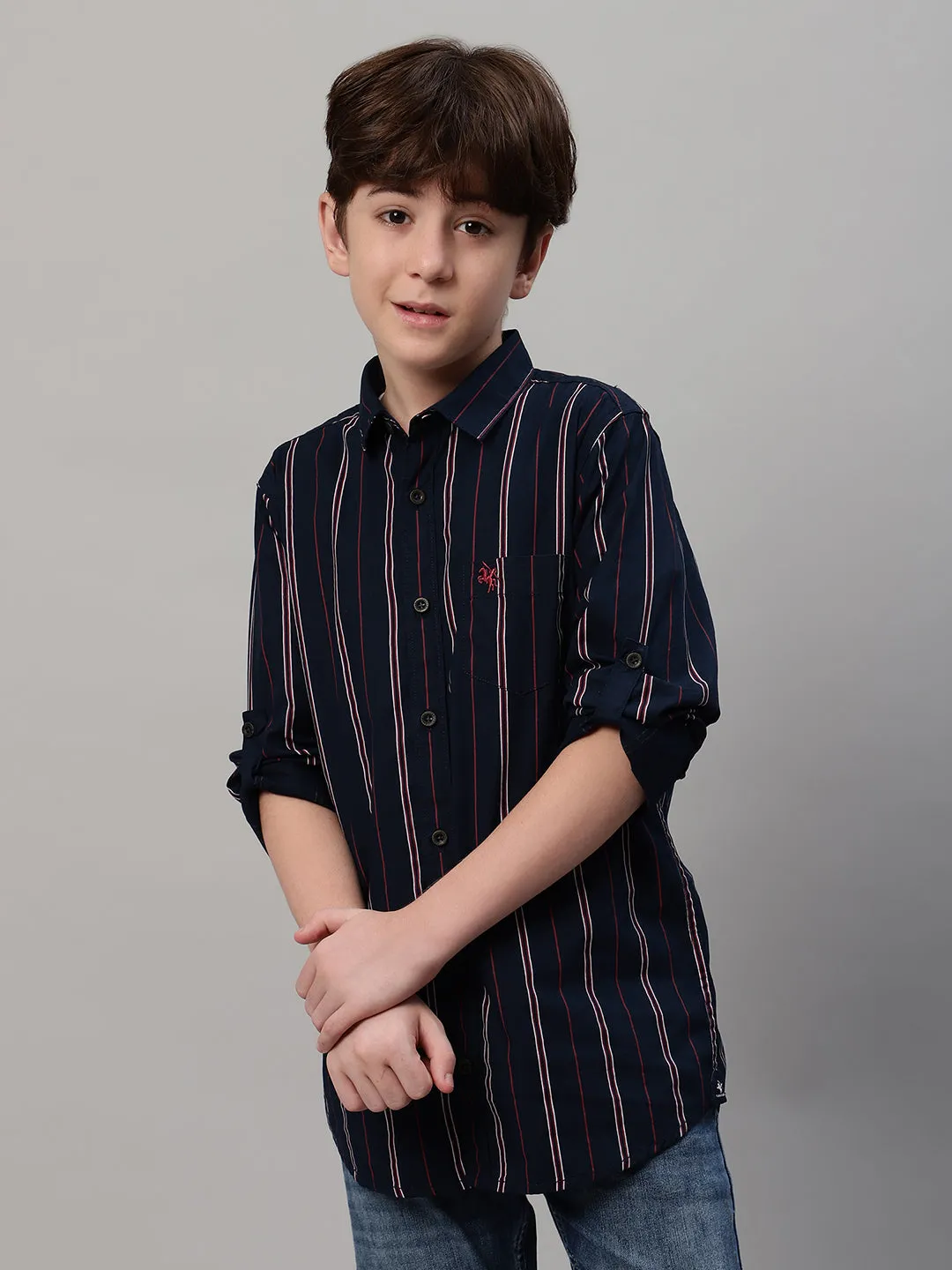 Boy's Navy Blue Striped Full Sleeve Shirt