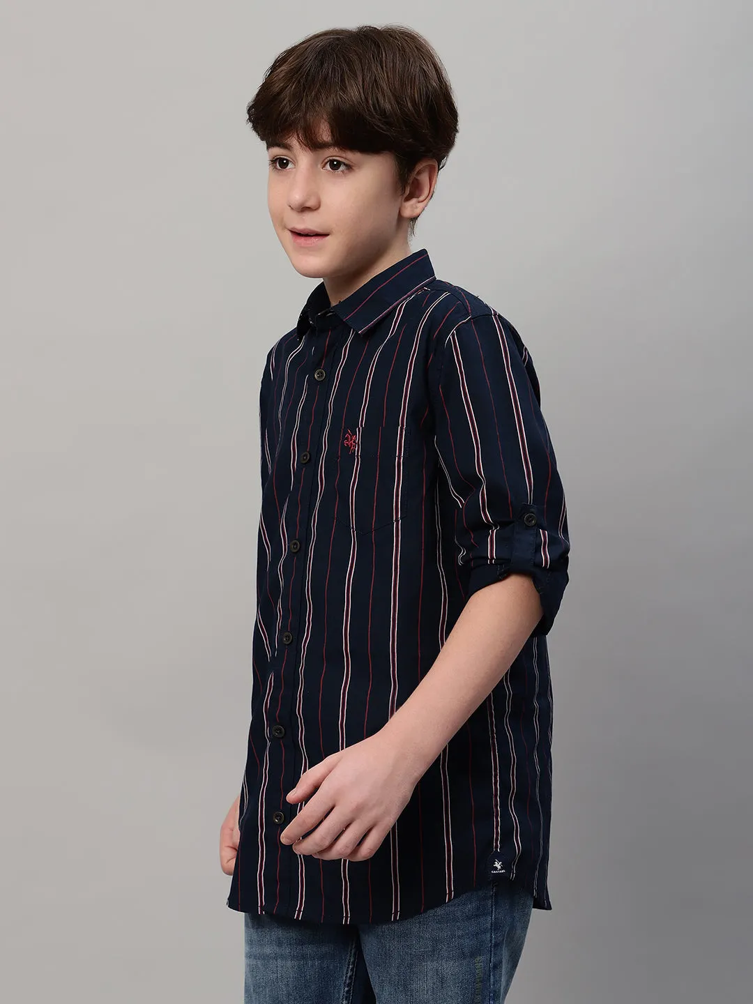 Boy's Navy Blue Striped Full Sleeve Shirt