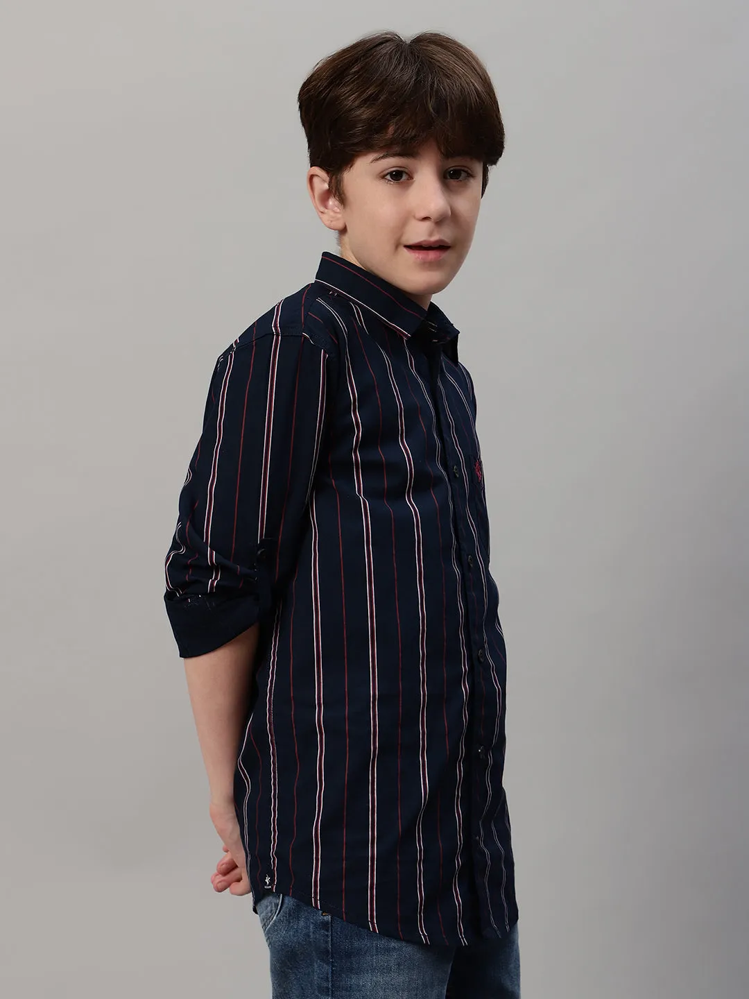 Boy's Navy Blue Striped Full Sleeve Shirt