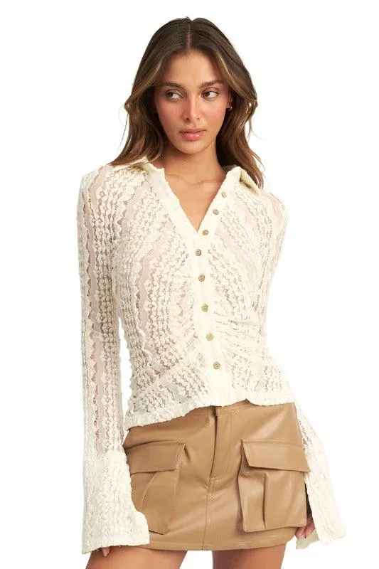 Button Front Bell Sleeve Lace Top