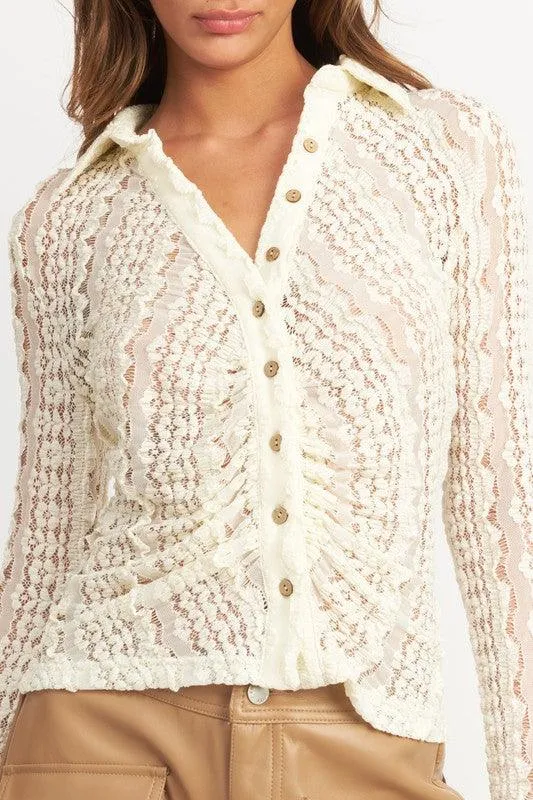 Button Front Bell Sleeve Lace Top