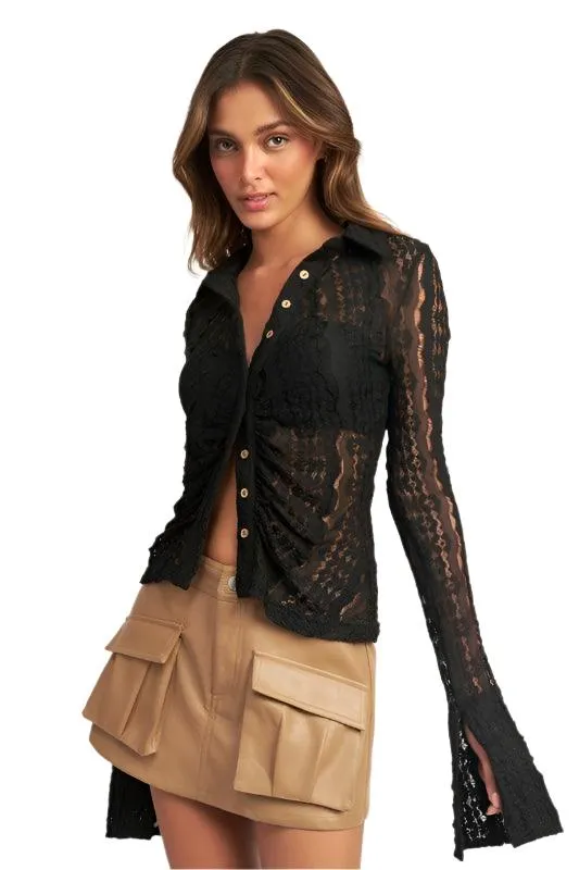 Button Front Bell Sleeve Lace Top