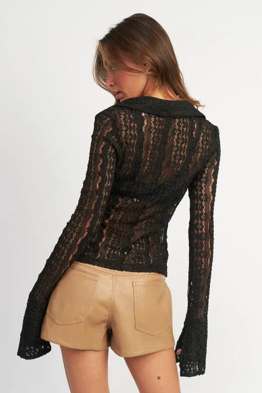 Button Front Bell Sleeve Lace Top