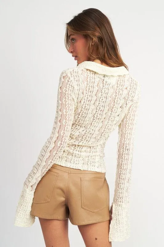 Button Front Bell Sleeve Lace Top