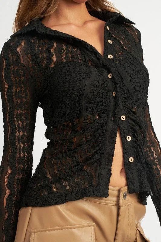 Button Front Bell Sleeve Lace Top