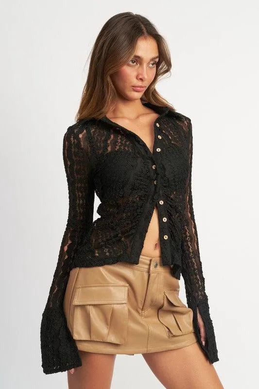 Button Front Bell Sleeve Lace Top