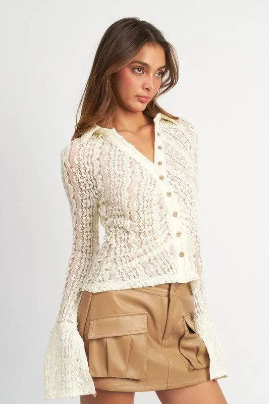 Button Front Bell Sleeve Lace Top