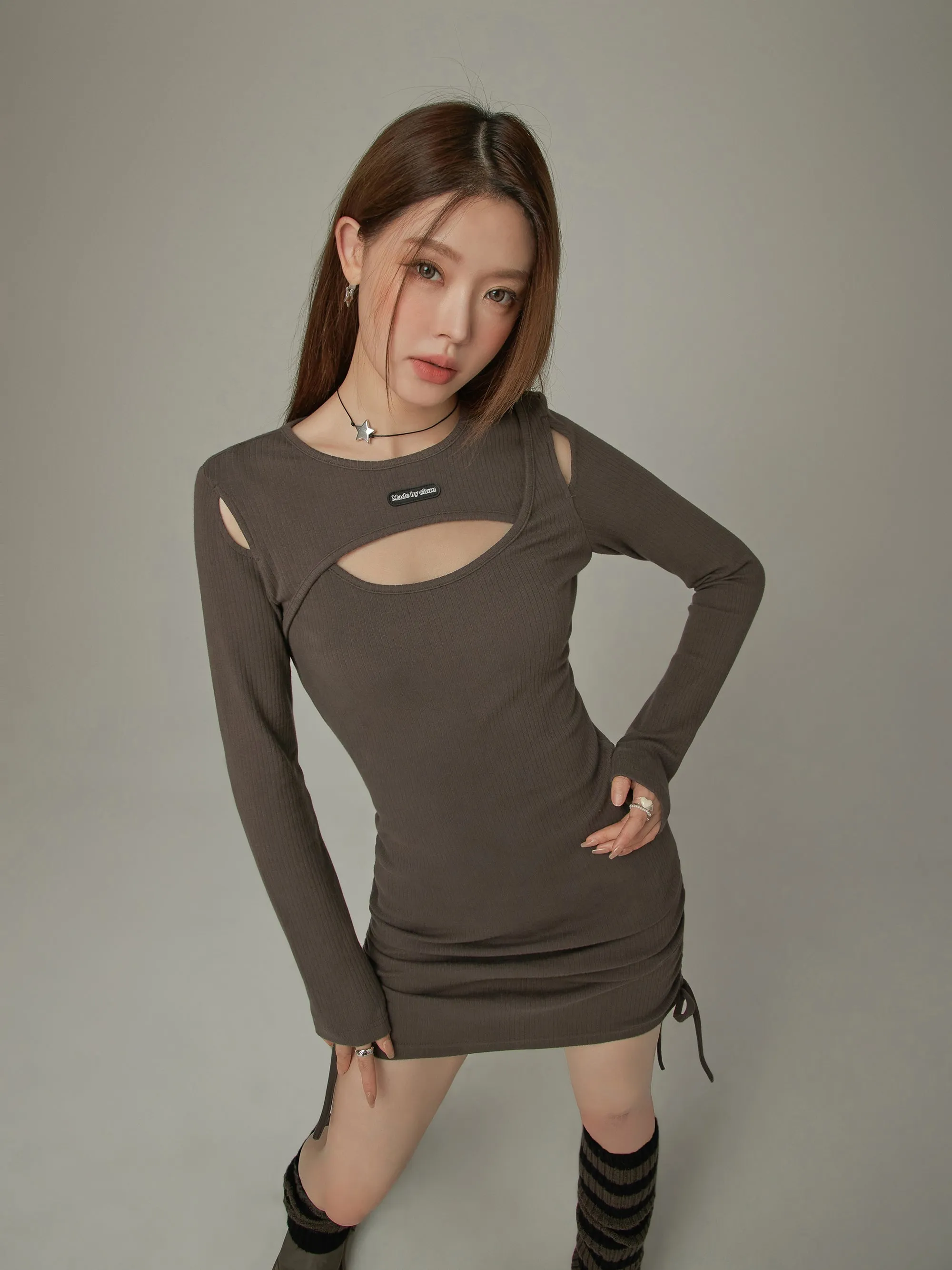 Cut Out Shirring Mini Dress