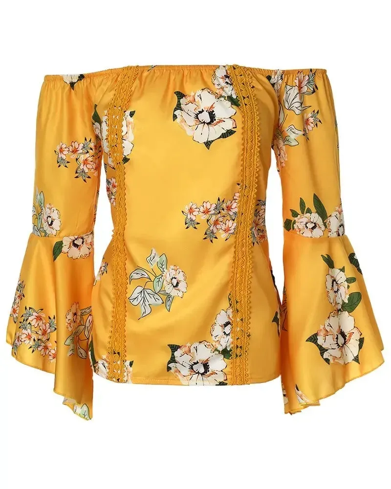 Deanwangkt - Off-the-Shoulder Floral Print Bell-Sleeve Top