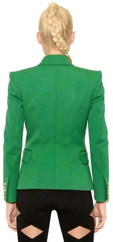 Double-Breasted Gold Button Twill Blazer, Green