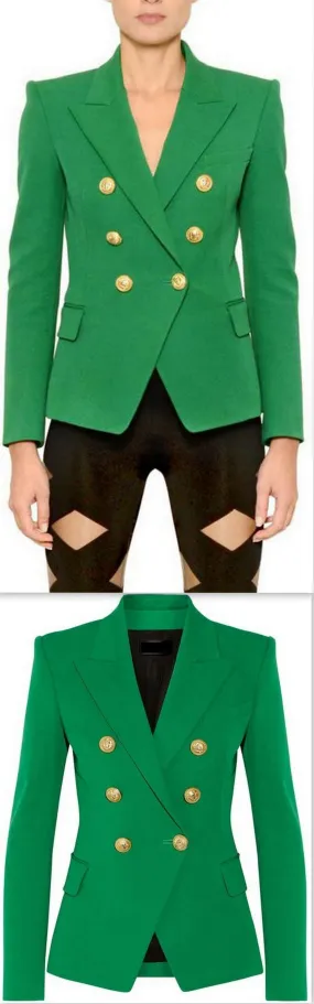 Double-Breasted Gold Button Twill Blazer, Green