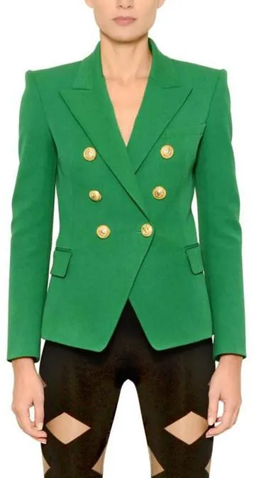 Double-Breasted Gold Button Twill Blazer, Green