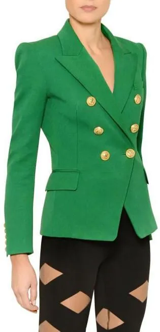 Double-Breasted Gold Button Twill Blazer, Green